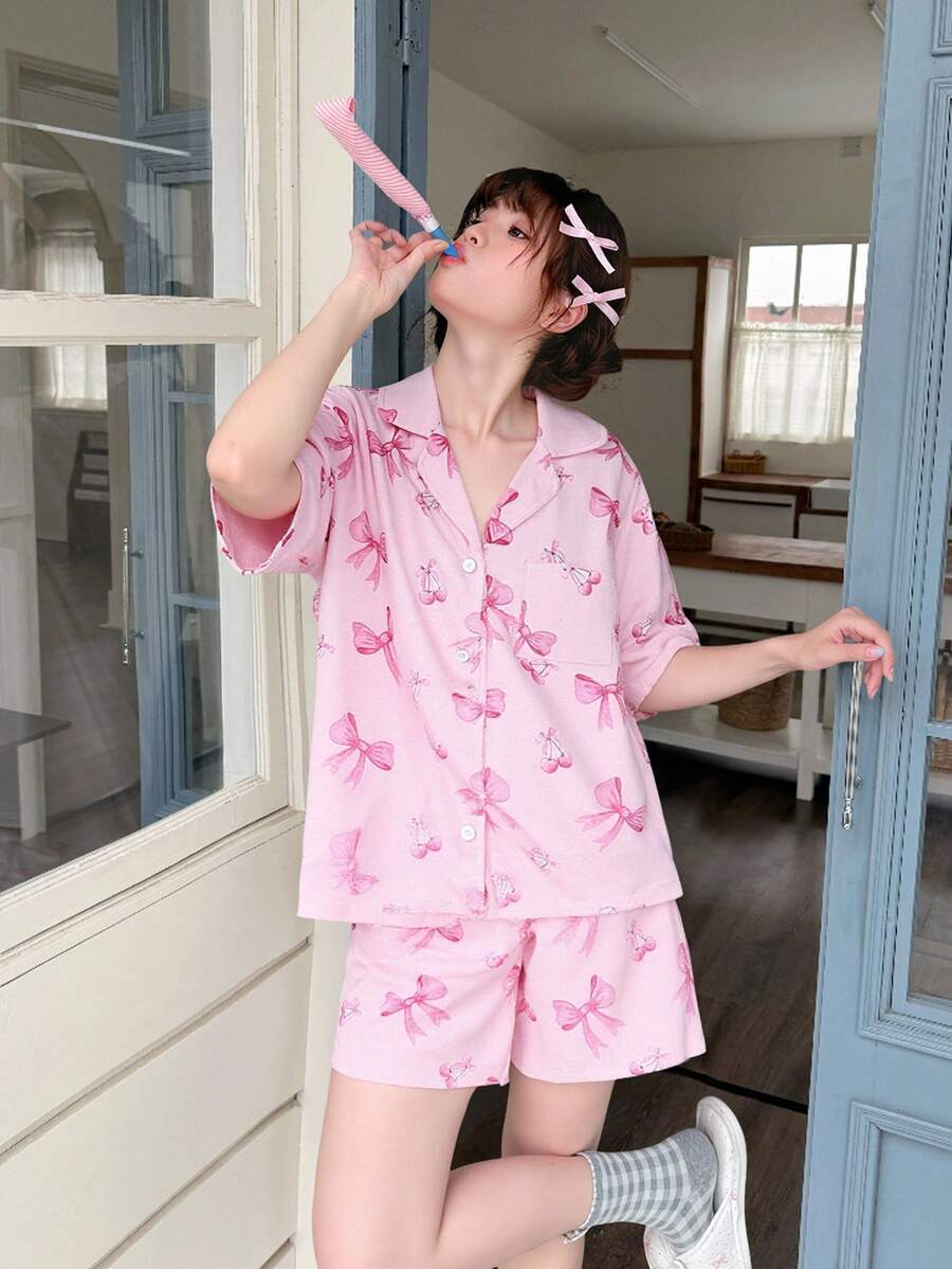 2 件套少女粉色蝴蝶结印花短袖衬衫和短裤休闲家居服睡衣套装 - 彩色 - 查看 1
