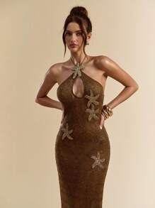 SHEIN BAE Váy bó sát màu nâu cà phê lưới đan móc họa tiết sao biển thời trang xuân/hè, váy che thân đi biển, váy móc, váy mùa hè - màu nâu - Xem 4