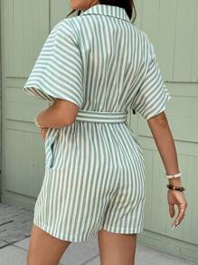 SHEIN 孕妇夏季休闲条纹短袖开襟连衣裙 - 綠色 - 查看 2