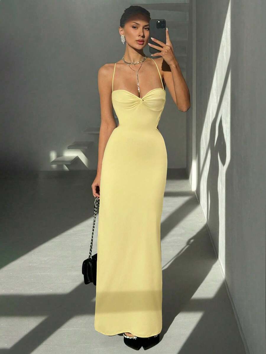 Aloruh Women's Sexy Solid Color Open Back Dress, Summer Butter Yellow Dress,Bodycon Dress - Yellow - View 1