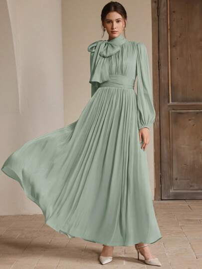 Anewsta Vestido largo de mujer con volante en la cintura, estilo brillante y elegante, versátil para primavera/otoño