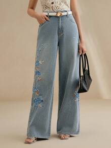Anewsta 女式刺绣直筒高腰牛仔裤 - 藍色 - 查看 8
