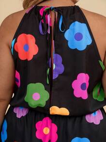 Travachic Plus Size Women Floral Print Waist Tie Halter Romper - Multicolor - View 6