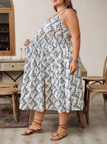 SHEIN CURVE+ Vestido camisola de verano para mujer talla grande con cintura ceñida y estampado de flores diminutas, atuendo perfecto para vacaciones en la playa, graduación, fiesta del té o vacaciones campestres y en la playa.