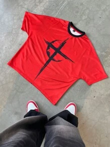 Manfinity EMRG Men Street Fashion Casual Summer Letter & Angel Demon Print Batwing Sleeve Loose T-Shirt Men Christian Graphic Tees For Men - Red - View 8