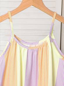 青少年女孩彩虹条纹印花无袖荷叶边下摆休闲夏季度假太阳裙