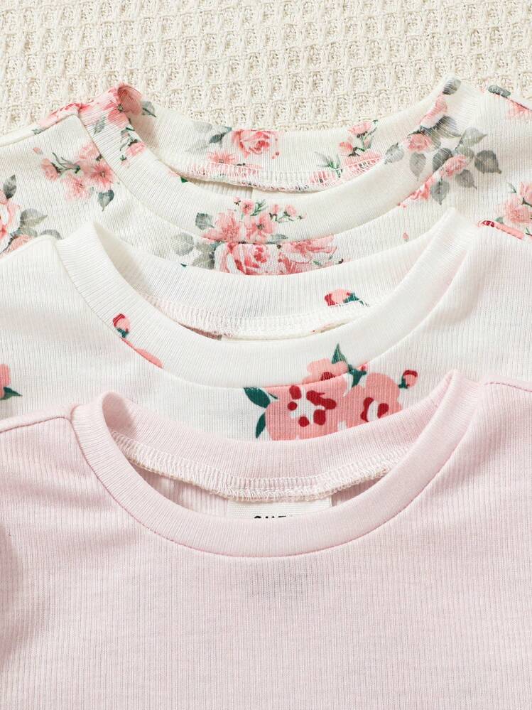 SHEIN Leap Crew 女婴6件套甜美简约蝴蝶结印花圆领短袖上衣和裤子休闲柔软护肤家居服睡衣套装 - 彩色 - 查看 6