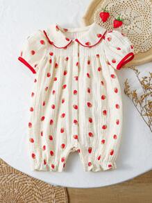女婴草莓图案翻领短袖连体衣，夏季