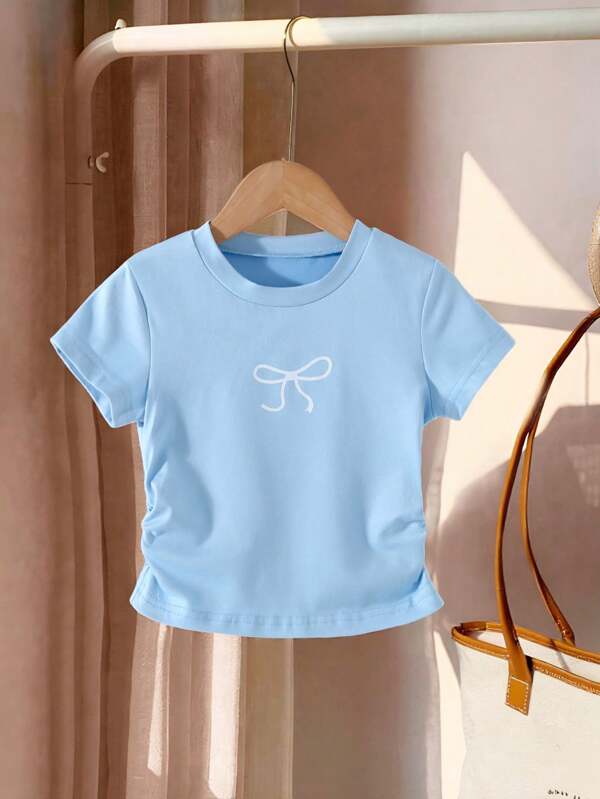 Genkimix Kids Young Girls Casual Crew Neck Short Sleeve Cropped Butterfly Print Blue T-Shirt, Asymmetrical Hem, Summer Daily Versatile Top For Young Girls Summer Holiday