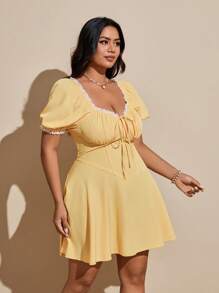 Viva Relle Plus Size Lace Trim Bow Decor Sexy Vacation Dress - Yellow - View 5