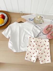SHEIN Happikins Vintage Cherry Pattern Baby Girl Casual Minimalist Crew Neck Short Sleeve T-Shirt & Shorts 2 Pieces Set, Suitable For Spring & Summer - Multicolor - View 2