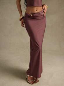 Hauture Women's Summer Sexy Casual Side Ruched With Front Metal Decor Maxi Skirt