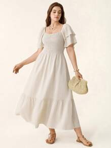 Comfylo Vestido de manga corta con cuello cuadrado, volantes y fruncidos en la Bottom, talla grande, unicolor, cómodo y holgado, estilo bohemio, ideal para el Día de la Madre, graduación, verano, vestido fluido blanco, atuendos de vacaciones y playa para mujer, atuendos de vacaciones, vestidos de sol para mujer - Albaricoque - Ver 6