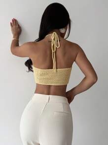 SHEIN Privé Camiseta de punto ajustada con cuello de halter y nudo - Amarillo - Ver 2