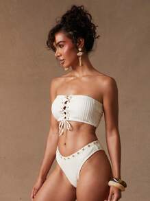 NYA SZN Women Solid Color Lace Up Bandeau Bikini Top For Summer Beach Vacation - Apricot - View 6