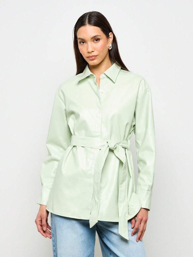 Long Sleeve Button Down Blouse With Satin Finish And Tie Waist