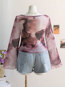 Soleia 大码女式返校甜心领喇叭长袖娃娃装上衣，度假风 - 紅色 - 查看 2