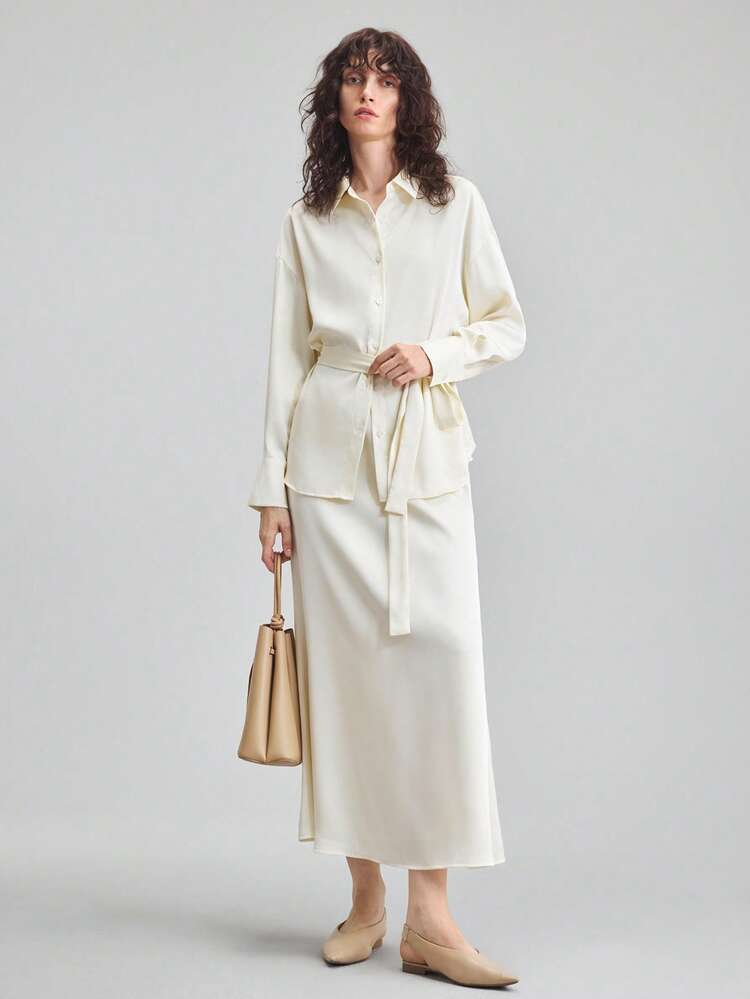 2025 Women's New 2000s Retro Country Style Office Business Casual Shirt, Autumn Seasonal Change, Solid Color Drop Shoulder Long Sleeve Single-Breasted Blouse For School, Office, Date, Outing, Airport, Party