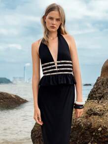 SHEIN Unity Beaded Strap V-Neck Vacation Style Women Tank Top - Black - View 5
