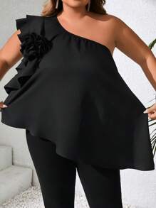 SHEIN CURVE+ 大码女装春夏时尚优雅舒适立体花朵不对称下摆黑色上衣外出上衣