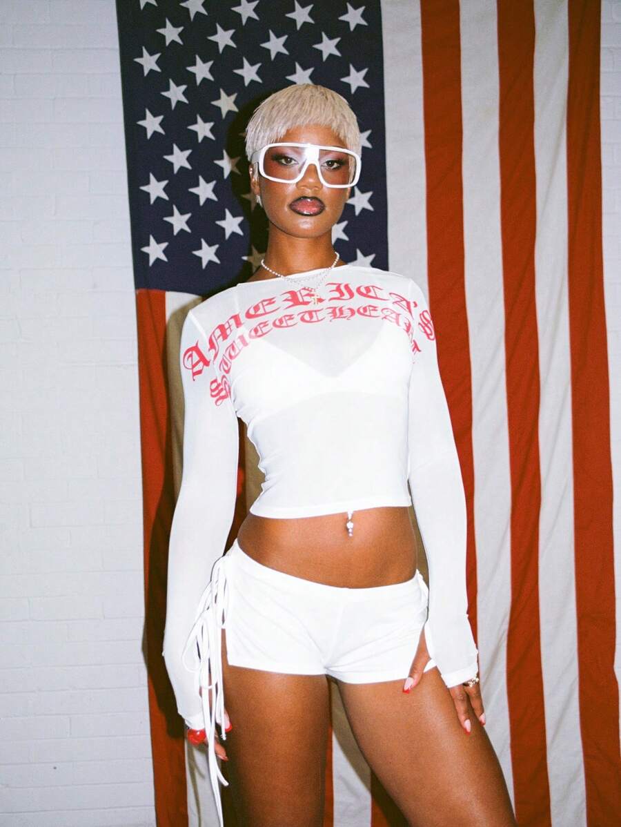 SUMWON WOMEN Statement Long Sleeve Mesh Top Workout Shirt Festival Gothic Text Cropped Fashion Gym Activewear - White - View 1