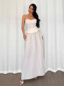 Firerie Summer Women's 2-Piece Set Elegant Off-White Waist Cinched Bandeau Top And Mesh Midi Skirt,Formal Wedding Guest Dress,Resort Outfits For Party,Office - Apricot - View 8
