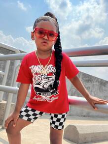 SHEIN Young Girl Casual Street Style Car Print T-Shirt & Checkerboard Leggings 2pcs Set Kids Streetwear - Red - View 5