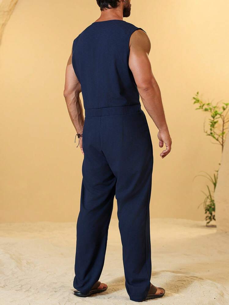 Genlund Men's Solid Color Overlapped V-Neck Sleeveless Jumpsuit