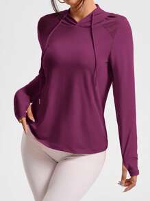 SHEIN Cheerettes 纯色连帽套头休闲长袖运动衫 - 紫色 - 查看 6