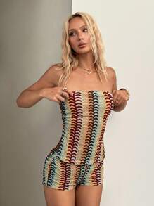 SHEIN ICON 性感休闲度假复古条纹抹胸和褶饰迷你短裤套装 - 彩色 - 查看 1