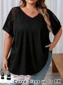 SHEIN CURVE+ 大码撞色蕾丝插肩袖 T 恤/大码 T 恤夏季/乡村/海滩度假装/沙滩装/沙滩装