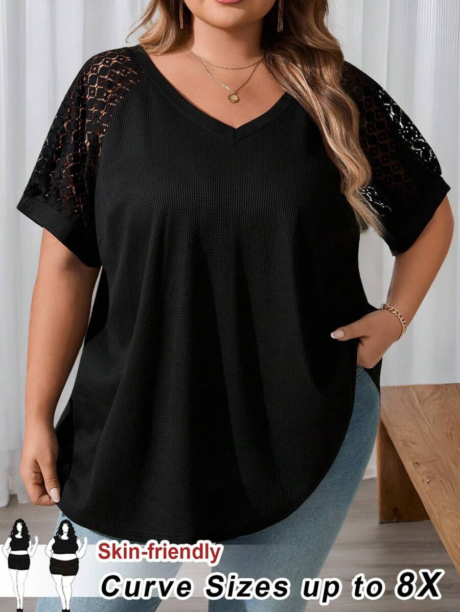 SHEIN CURVE+ 大码撞色蕾丝插肩袖 T 恤/大码 T 恤夏季/乡村/海滩度假装/沙滩装/沙滩装