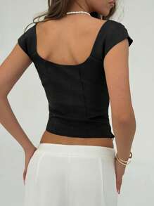 Aloruh Top corto sexy con cuello cuadrado y escote ultra bajo, camisa con botones estilo clubwear, top de cuello cuadrado