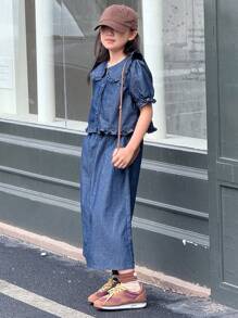 DAZY Tween Mädchen Teenager Rüschen Kragen Jeans Sets, Sommer, Kleidung für den Schulanfang