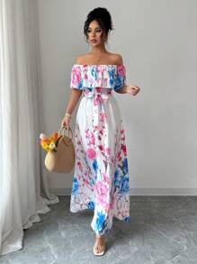 Elenzga Vestido de moda para vacaciones con hombros descubiertos, estampado floral y dobladillo con volantes para mujeres - Rosa - Ver 3