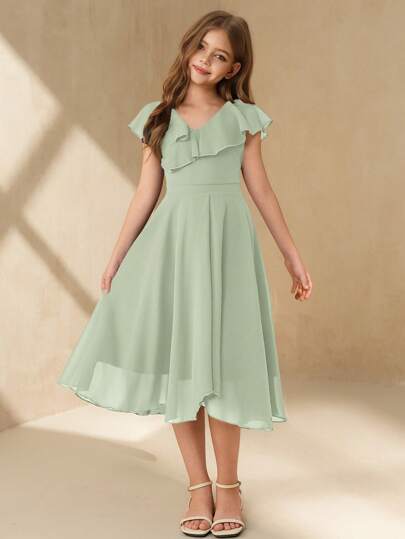 SHEIN Tween Girls Elegant Minimalist V-Neck Ruffle Collar Sleeveless High Waist Mid-Calf Solid Color Chiffon Material Blue Party Dress, Suitable For Summer Girls Graduation & Wedding Summer Holiday