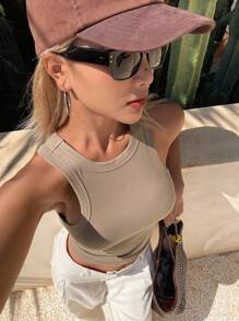 Livesso Women's Slim Fit Casual Camisole Tank Top, Cropped, Suitable For Urban Streetwear, Summer - Khaki - View 6