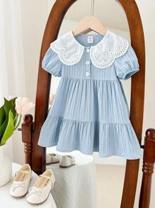 SHEIN LMoss Kids Babygirl 甜美夏季蓝色条纹宽松彼得潘领短袖连衣裙 - 藍色 - 查看 4
