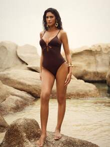 Anewsta Damen ärmelloses Badeanzug aus Unifarbenem Material mit Cut Out Metallring-Dekor für den Sommer