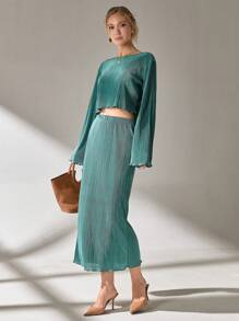 CLARA VERO Conjunto de falda recta plisada y top de cuello redondo elegante de color verde sólido para mujer