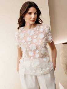 Anewsta Women's Elegant Round Neck Short Sleeve Floral Mesh Hollow Blouse - White - View 4