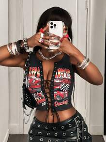BamGleam 女式字母与汽车印花十字交叉设计短款性感吊带背心 - 黑色 - 查看 7