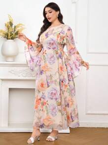 Veilorie Plus Size Elegant Floral Print Flare Sleeve Dress - Apricot - View 5