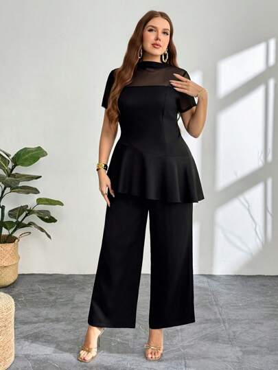 Firerie ملابس نساء بمقاسات كبيرة مكونة من قطعتين - ملابس علوية قصيرة الأكمام من الشبك الشفاف المجعد وبنطال أسود برباط خصر مرن له جيوب، مناسب للعمل والمكتب