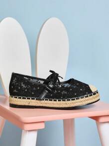 Mini mi #CC 风格女孩蝴蝶结系带蕾丝和黄麻波西米亚风黑色帆布平底鞋 – 从游乐场到海滩度假胜地 - 黑色 - 查看 6