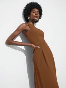 Maija 2025 夏季新款卡其色圆领无袖摆裙女士商务休闲日常通勤优雅海滩度假适合婚礼嘉宾乡村音乐节早午餐机场装复古 90 年代优雅女装 - 咖啡棕 - 查看 7