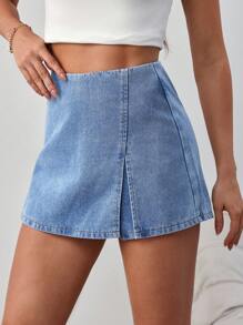 SHEIN Tall Quần short denim nữ, quần váy ngắn vừa vặn thường ngày, màu xanh - Rửa trung bình - Xem 5