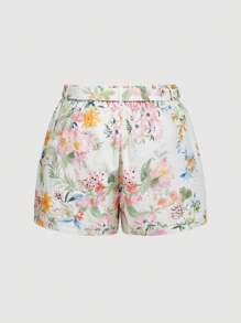 SHEIN MOD Plus Size Women's White Summer Boho Casual Shorts With Belt,Hollow Out Floral Printed,Perfect For Holiday,Beach Vacation,Picnic,Date,Festival & Party - Multicolor - View 9