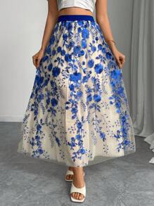 Elenzga Women's Elastic Waist Floral Embroidered Mesh Elegant A-Line Skirt, For Vacation - Blue - View 2
