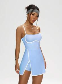 Easithlete Vestido deportivo informal con camisola de contraste y abertura - Celeste - Ver 8